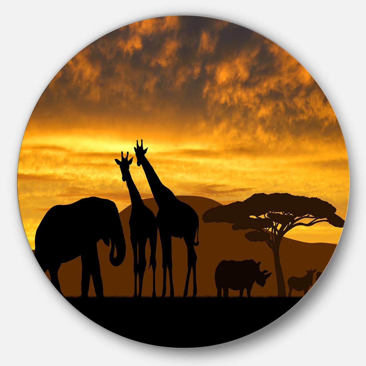Designart - Giraffes and Elephant and Rhino' African Metal Circle Wall Art